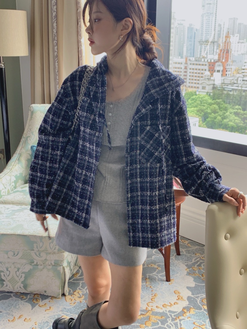 LA CREME韓國代購女裝新款真品人氣襯衫蕾絲衫粗花呢連帽LA CREME襯衫/蕾絲衫