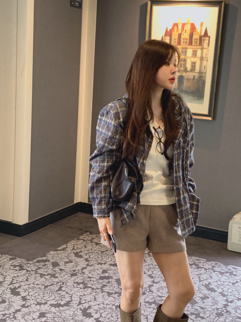 LA CREME韓國代購女裝新款真品人氣襯衫蕾絲衫粗花呢連帽LA CREME襯衫/蕾絲衫