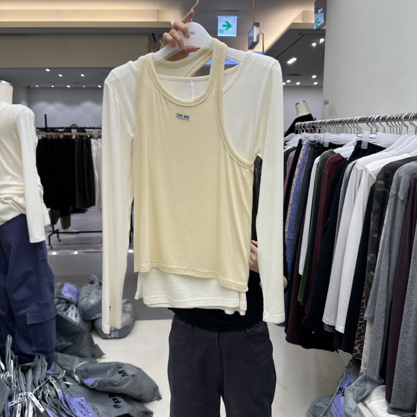 BENE韓國代購女士新款真品人氣襯衫蕾絲衫不對稱假兩件無袖SHOP BENE_Bene襯衫/蕾絲衫圖色1