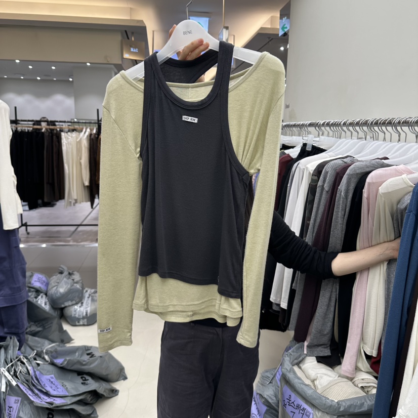 BENE韓國代購女士新款真品人氣襯衫蕾絲衫不對稱假兩件無袖SHOP BENE_Bene襯衫/蕾絲衫圖色3