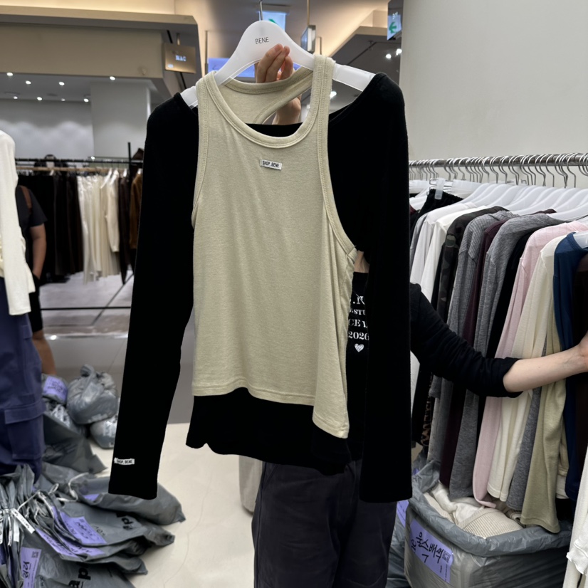 BENE韓國代購女士新款真品人氣襯衫蕾絲衫不對稱假兩件無袖SHOP BENE_Bene襯衫/蕾絲衫圖色6