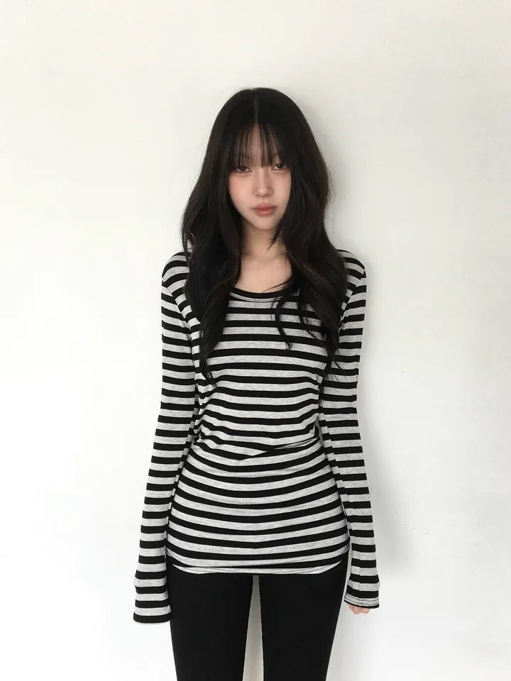 ROOOF韓國直郵女裝新品人氣時尚長袖T恤不含腰帶U領條紋長款ROOOF長袖T恤