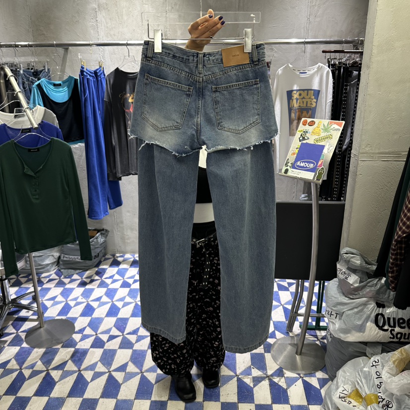 AMOUR韓國代購女裝新款休閑熱賣真品時尚推薦人氣牛仔褲雙層AMOUR牛仔褲