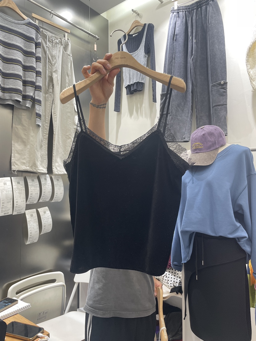 DELIGHT東大門代購女士新品推薦休閑吊帶背心蕾絲絲絨無袖DELIGHT吊帶/背心圖色2黑色