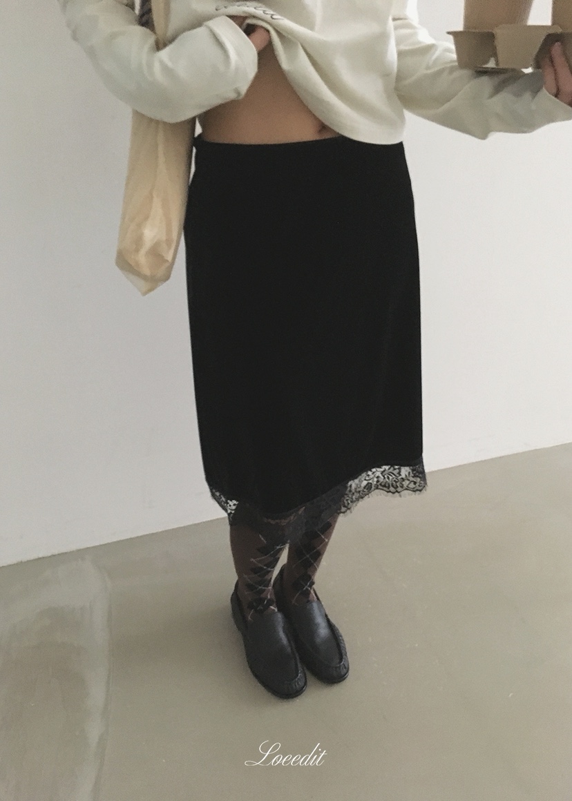 LOEEDIT韓國直郵女裝新品休閑真品半身裙中短裙天鵝絨蕾絲LOEEDIT半身裙/中短裙