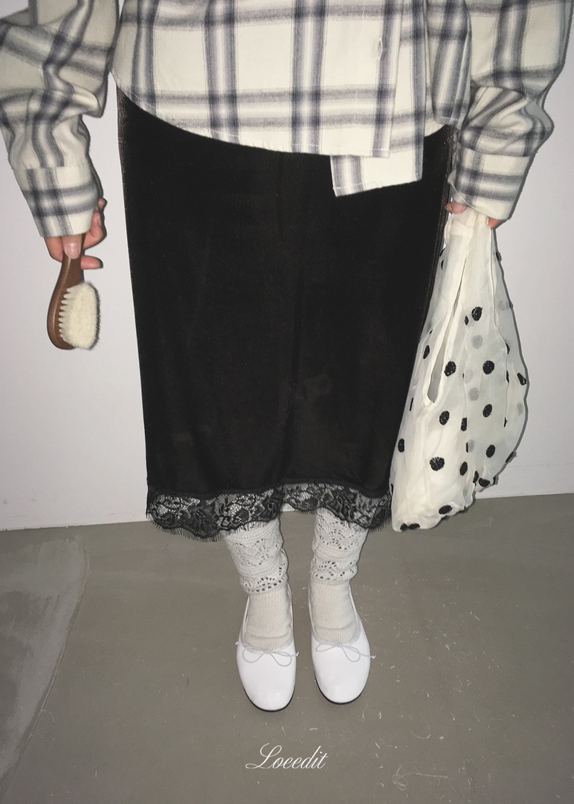 LOEEDIT韓國直郵女裝新品休閑真品半身裙中短裙天鵝絨蕾絲LOEEDIT半身裙/中短裙
