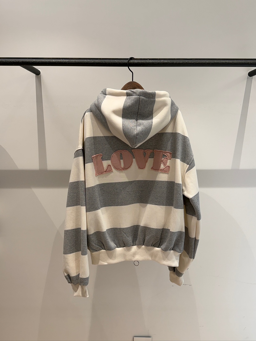 LOVE PULL韓國直郵女士新款真品人氣衛衣拉鏈連帽衫條紋LOVE PULL衛衣