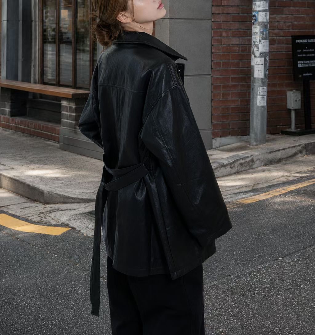 HACKER東大門直郵女裝新款推薦人氣熱賣職業休閑皮衣含腰繩HACKER-2件起皮衣