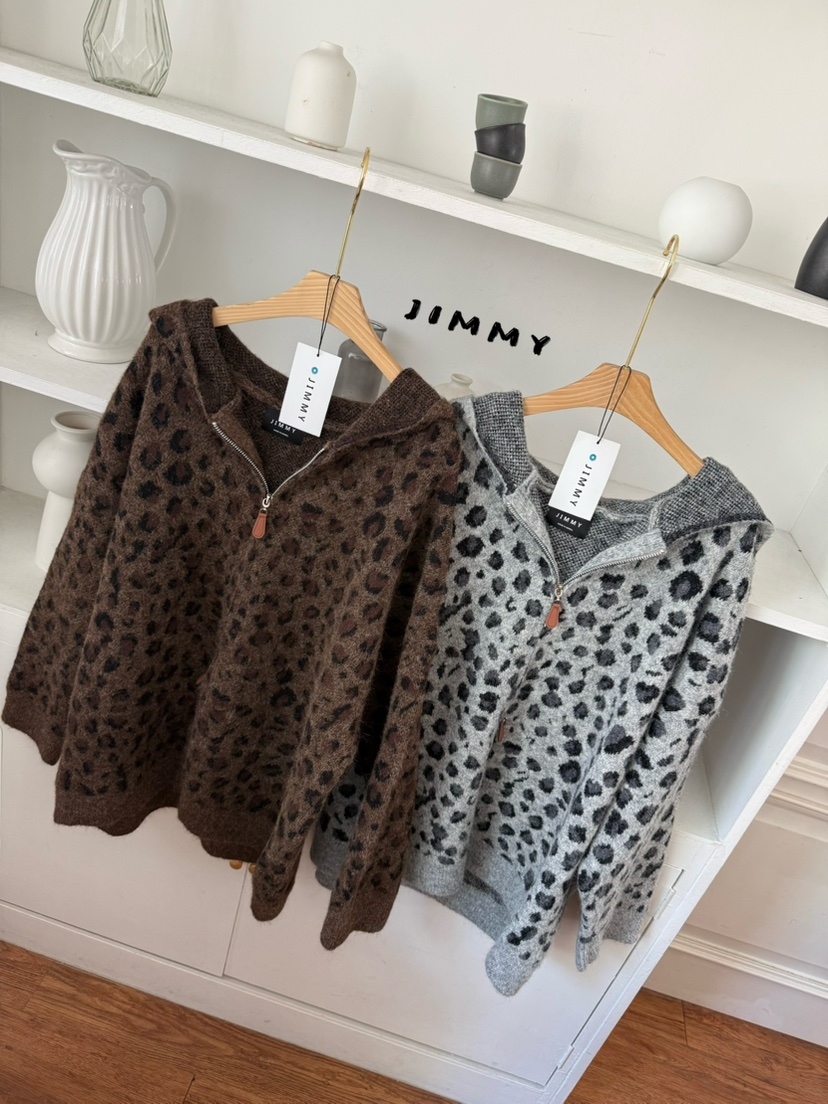JIMMY韓國直郵女士新品推薦人氣真品休閑針織衫連帽衫豹紋JIMMY/REMAKE針織衫