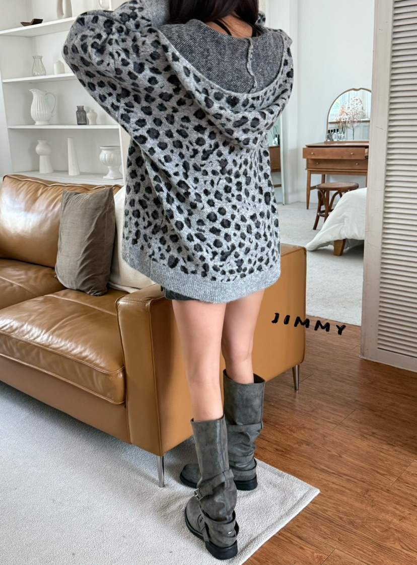 JIMMY韓國直郵女士新品推薦人氣真品休閑針織衫連帽衫豹紋JIMMY/REMAKE針織衫