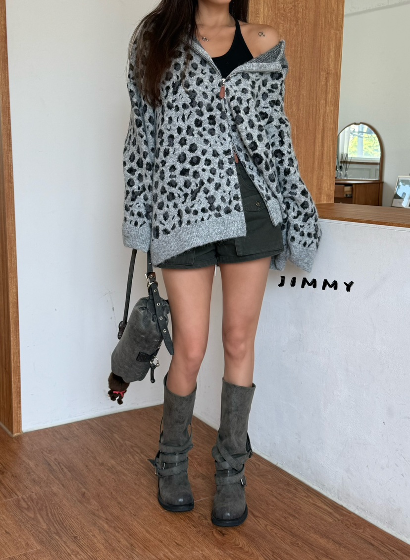 JIMMY韓國直郵女士新品推薦人氣真品休閑針織衫連帽衫豹紋JIMMY/REMAKE針織衫