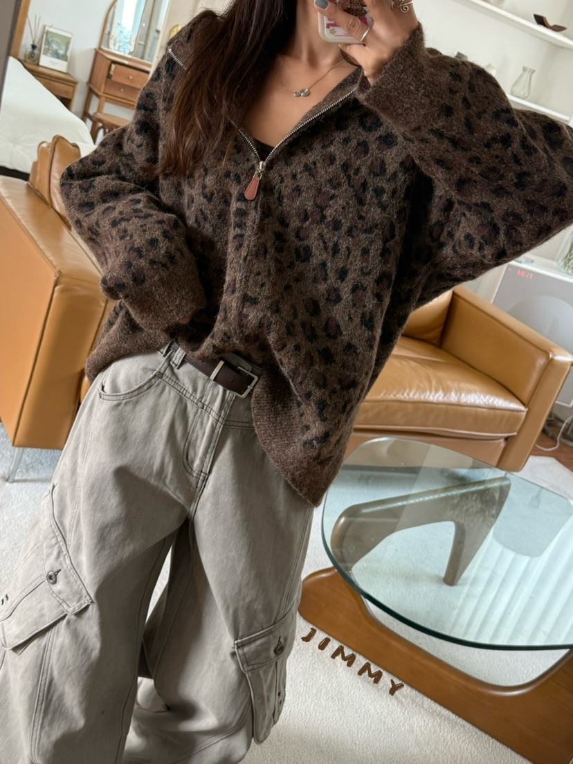 JIMMY韓國直郵女士新品推薦人氣真品休閑針織衫連帽衫豹紋JIMMY/REMAKE針織衫