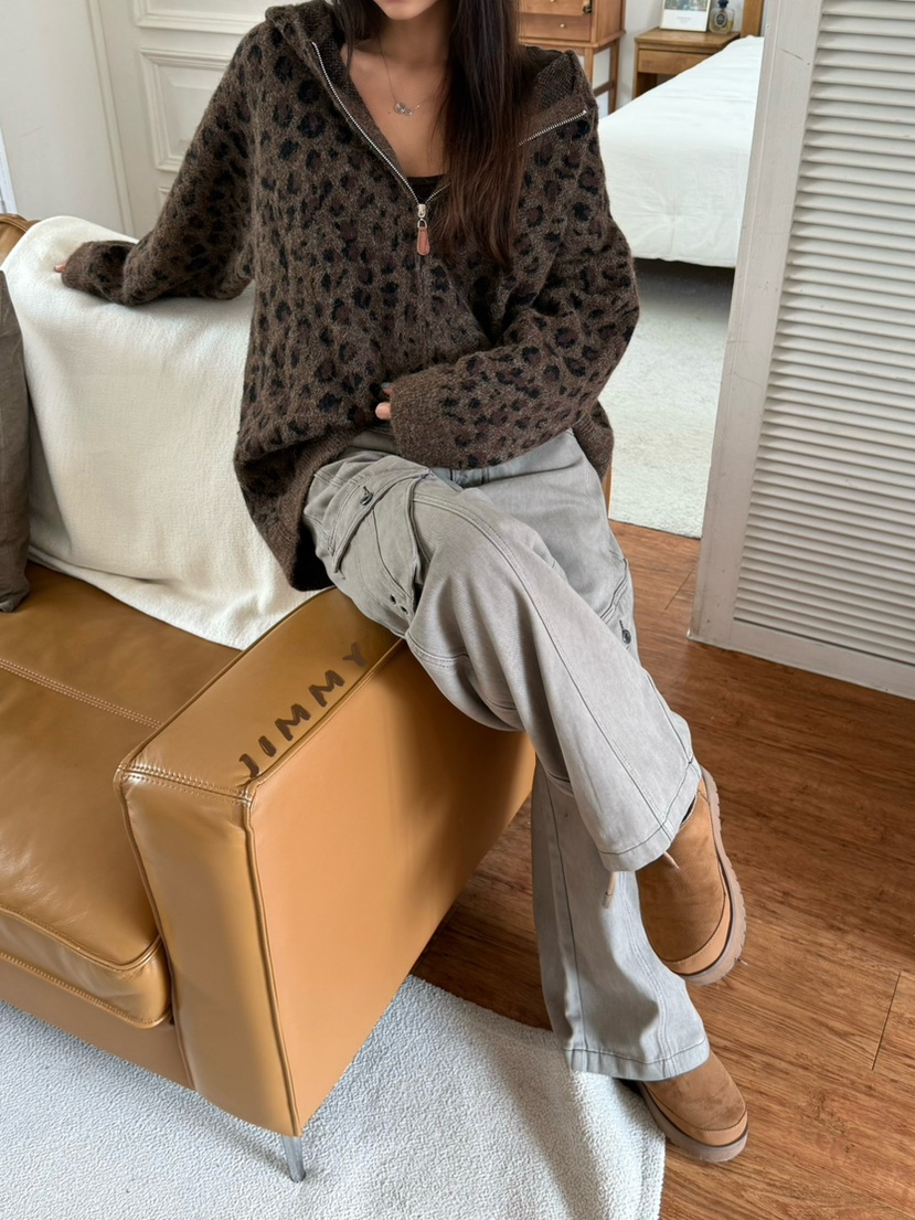 JIMMY韓國直郵女士新品推薦人氣真品休閑針織衫連帽衫豹紋JIMMY/REMAKE針織衫