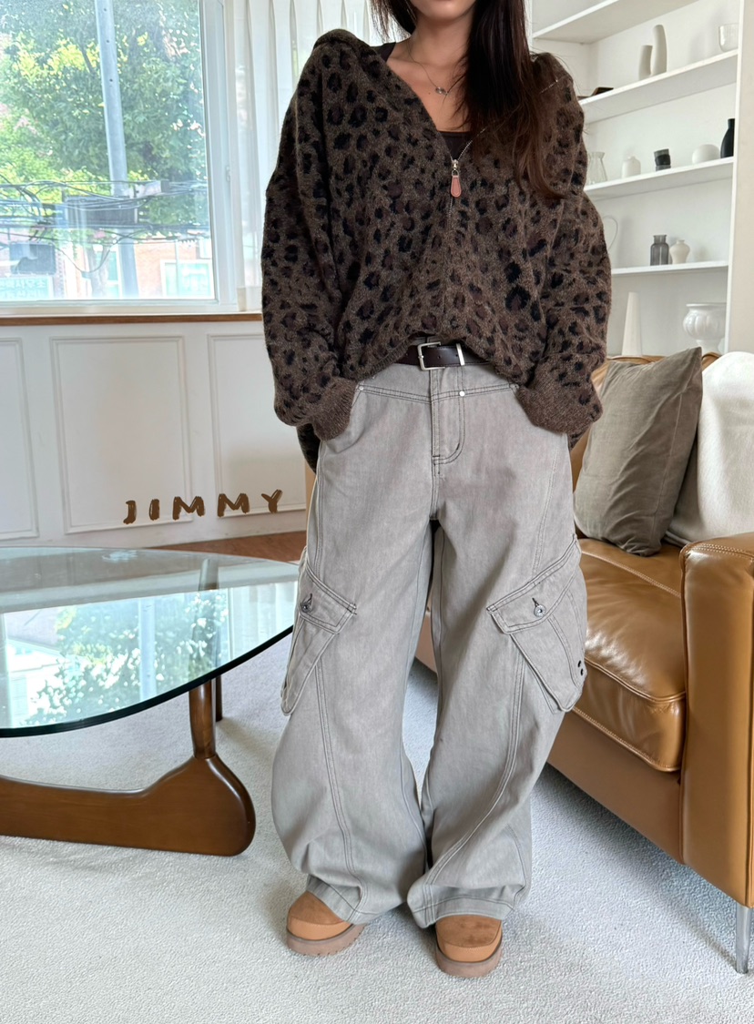 JIMMY韓國直郵女士新品推薦人氣真品休閑針織衫連帽衫豹紋JIMMY/REMAKE針織衫