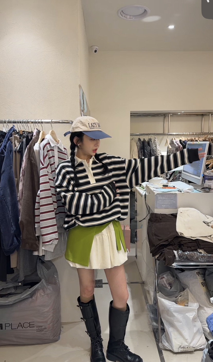 BOUND.A韓國代購女士新品時尚真品熱賣休閑衛衣加絨條紋BOUND.A衛衣