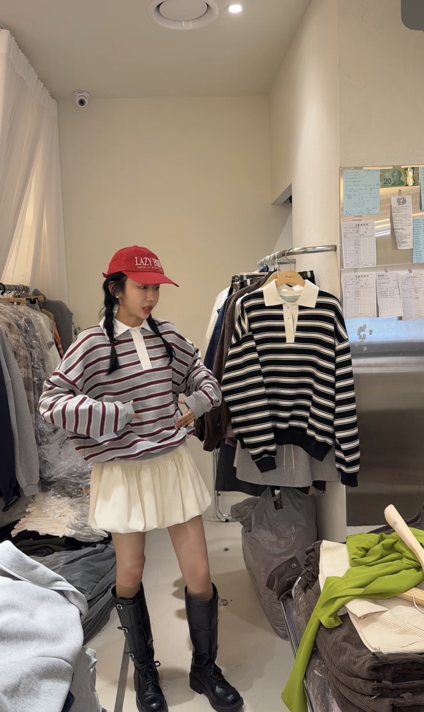 BOUND.A韓國代購女士新品時尚真品熱賣休閑衛衣加絨條紋BOUND.A衛衣