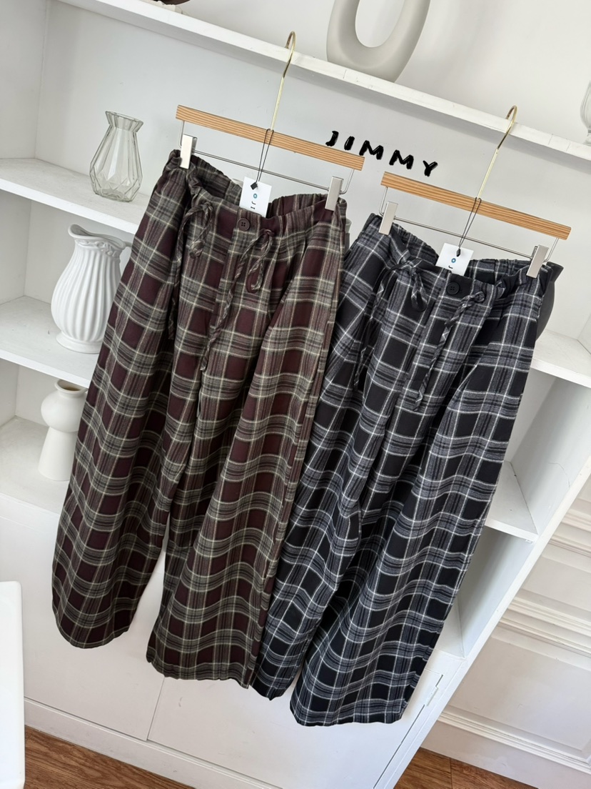 JIMMY東大門代購女士新品休閑熱賣人氣時尚休閑褲闊腿褲格紋JIMMY/REMAKE休閑褲