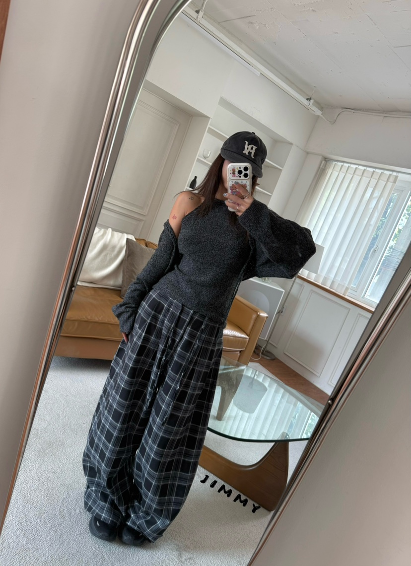 JIMMY東大門代購女士新品休閑熱賣人氣時尚休閑褲闊腿褲格紋JIMMY/REMAKE休閑褲