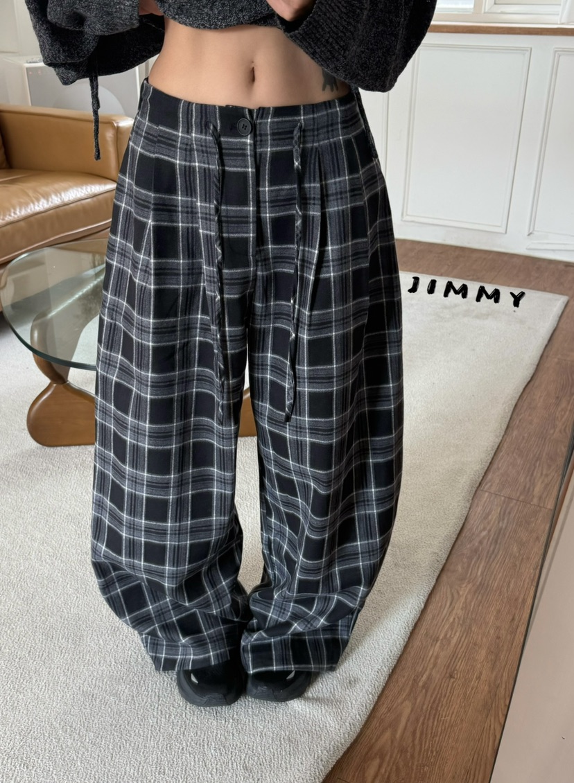 JIMMY東大門代購女士新品休閑熱賣人氣時尚休閑褲闊腿褲格紋JIMMY/REMAKE休閑褲