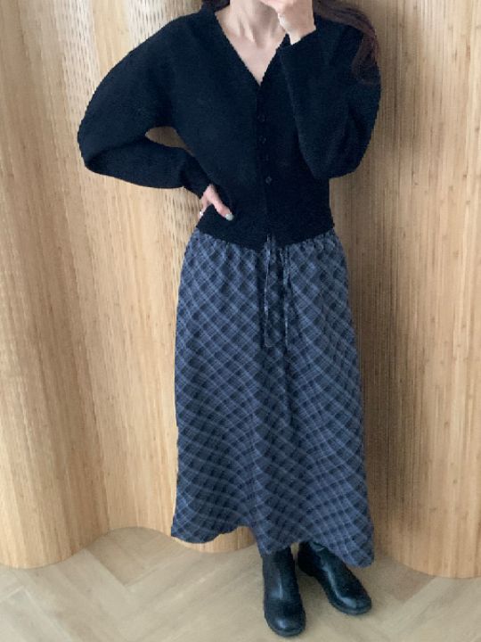 KOMOREBI東大門代購女士新款時尚推薦休閑熱賣真品長裙格紋KOMOREBI長裙