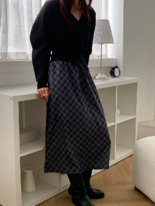 KOMOREBI東大門代購女士新款時尚推薦休閑熱賣真品長裙格紋KOMOREBI長裙