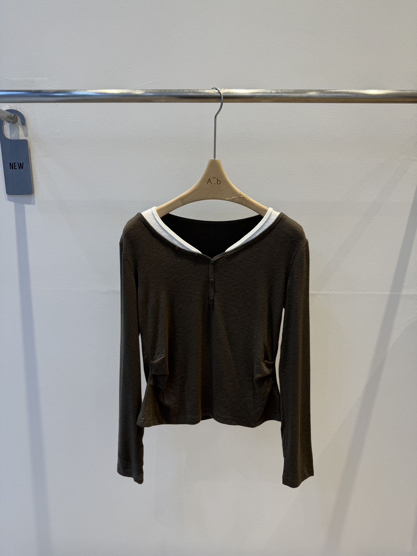 AUTUMN BEIGE-Q東大門代購女士新款休閑長袖T恤撞色褶皺A.b/AUTUMN BEIGE長袖T恤圖色1棕色