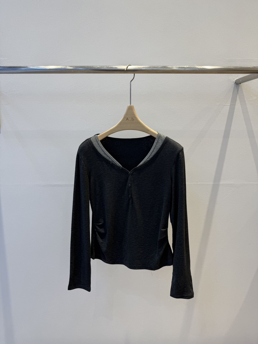 AUTUMN BEIGE-Q東大門代購女士新款休閑長袖T恤撞色褶皺A.b/AUTUMN BEIGE長袖T恤圖色2墨