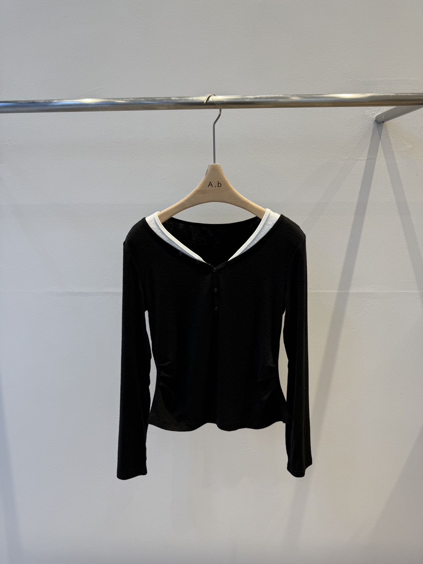 AUTUMN BEIGE-Q東大門代購女士新款休閑長袖T恤撞色褶皺A.b/AUTUMN BEIGE長袖T恤圖色3黑