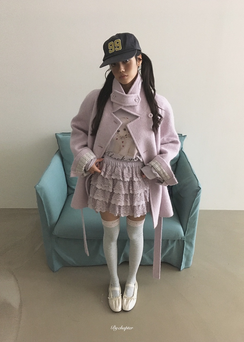 BY CHAPTER韓國代購女士新品推薦熱賣短款大衣含腰帶羊駝BY Chapter短款大衣