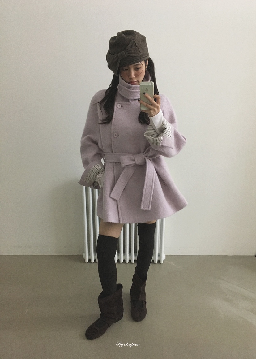 BY CHAPTER韓國代購女士新品推薦熱賣短款大衣含腰帶羊駝BY Chapter短款大衣