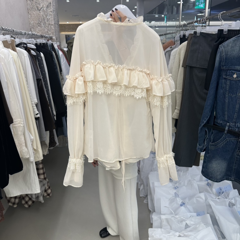 GLASS韓國直郵女士新品休閑真品熱賣推薦人氣襯衫蕾絲衫褶邊GLASS襯衫/蕾絲衫
