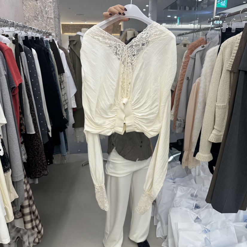 GLASS韓國代購女裝新品熱賣真品時尚休閑襯衫蕾絲衫珍珠紐扣GLASS襯衫/蕾絲衫
