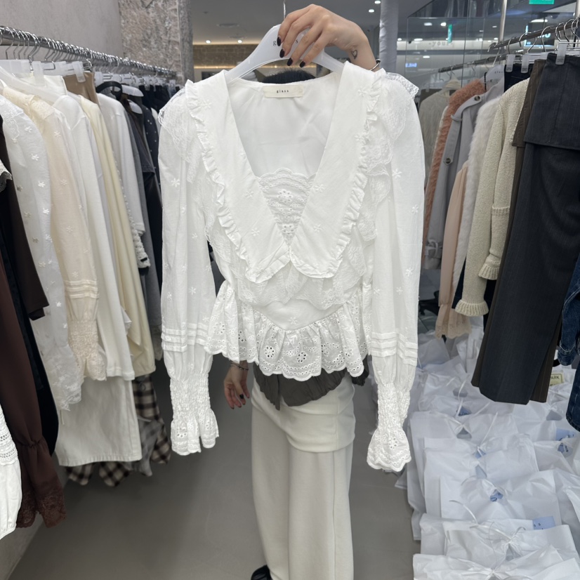 GLASS韓國代購女裝新品熱賣推薦人氣休閑時尚襯衫蕾絲衫絲帶GLASS襯衫/蕾絲衫圖色1白色