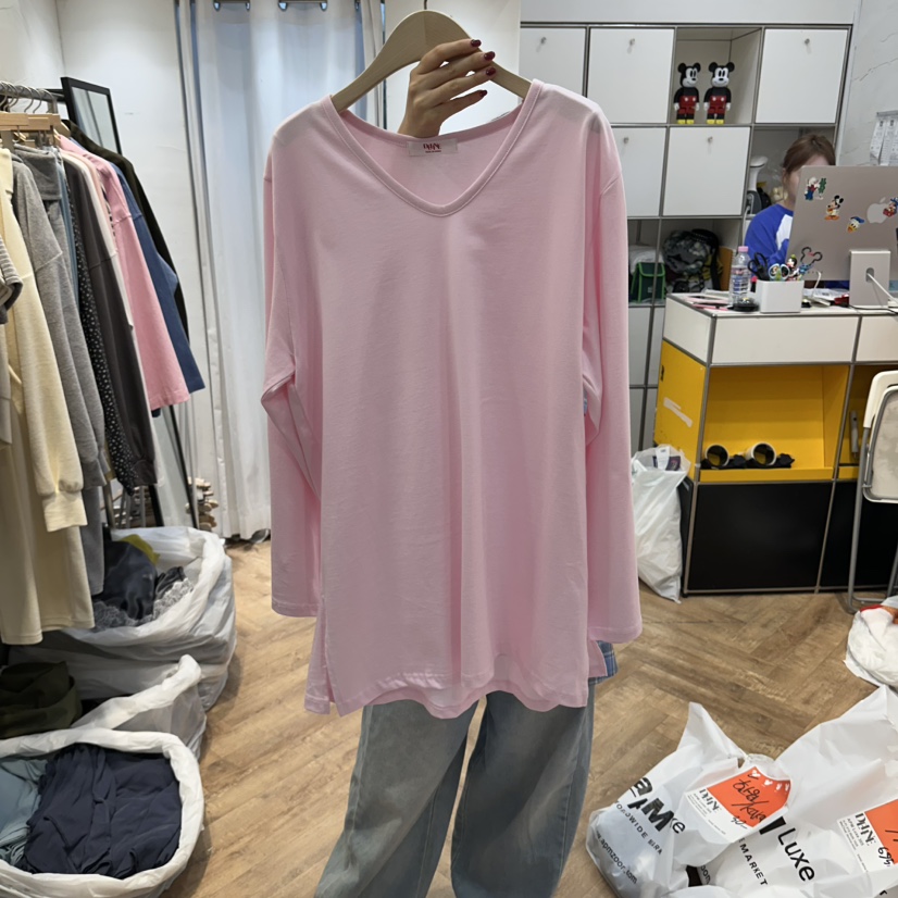 DE LINE韓國代購女士新品熱賣時尚推薦人氣長袖T恤U領長款DE LINE長袖T恤圖色3
