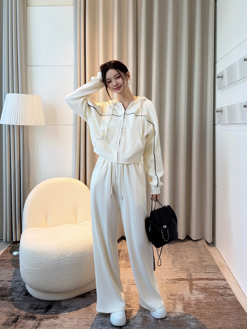 CLOTH東大門代購女士新款推薦時尚套裝拉鏈連帽衫華夫格格紋CLOTH套裝