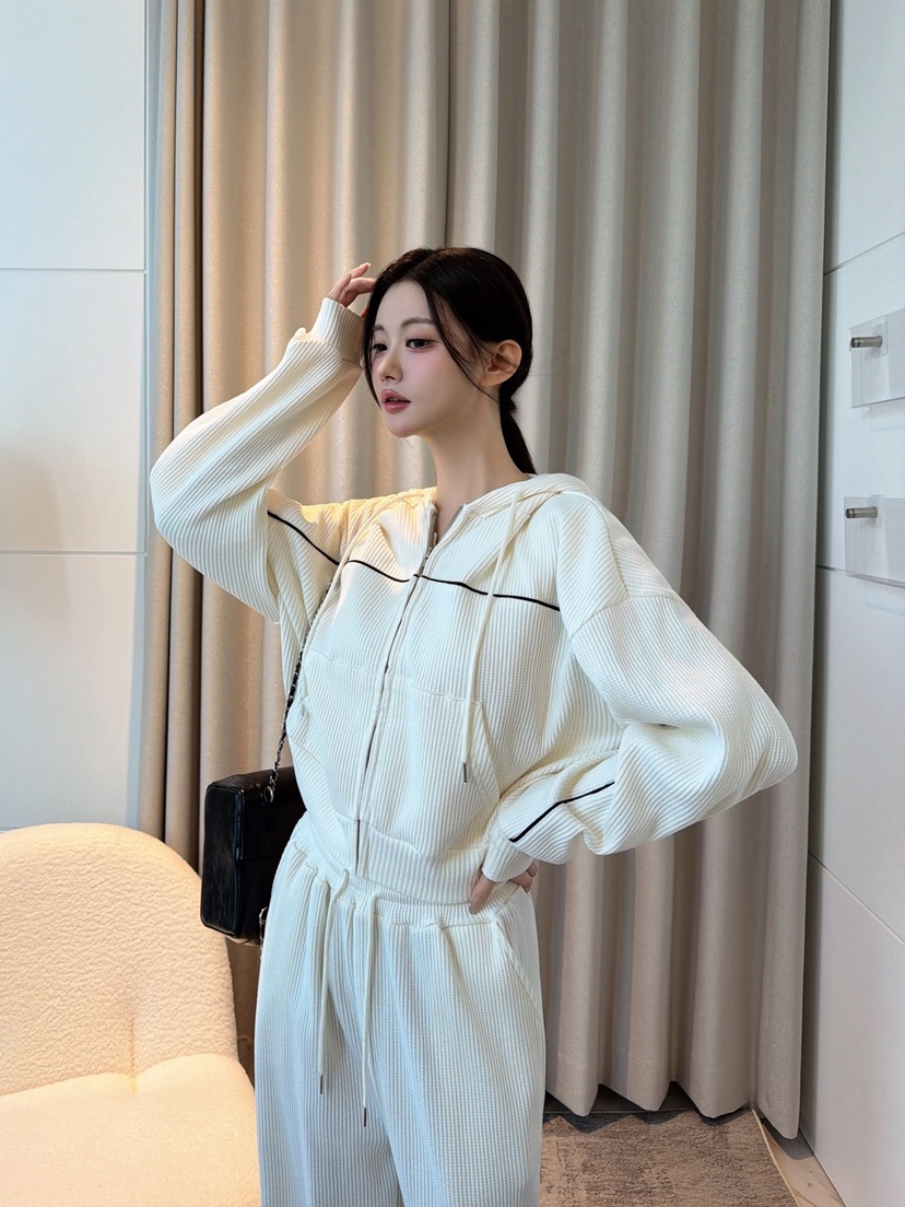CLOTH東大門代購女士新款推薦時尚套裝拉鏈連帽衫華夫格格紋CLOTH套裝