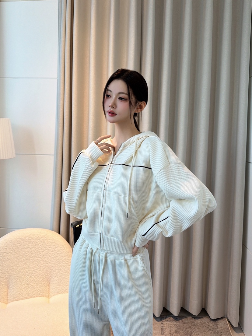 CLOTH東大門代購女士新款推薦時尚套裝拉鏈連帽衫華夫格格紋CLOTH套裝