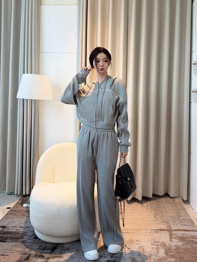 CLOTH東大門代購女士新款推薦時尚套裝拉鏈連帽衫華夫格格紋CLOTH套裝