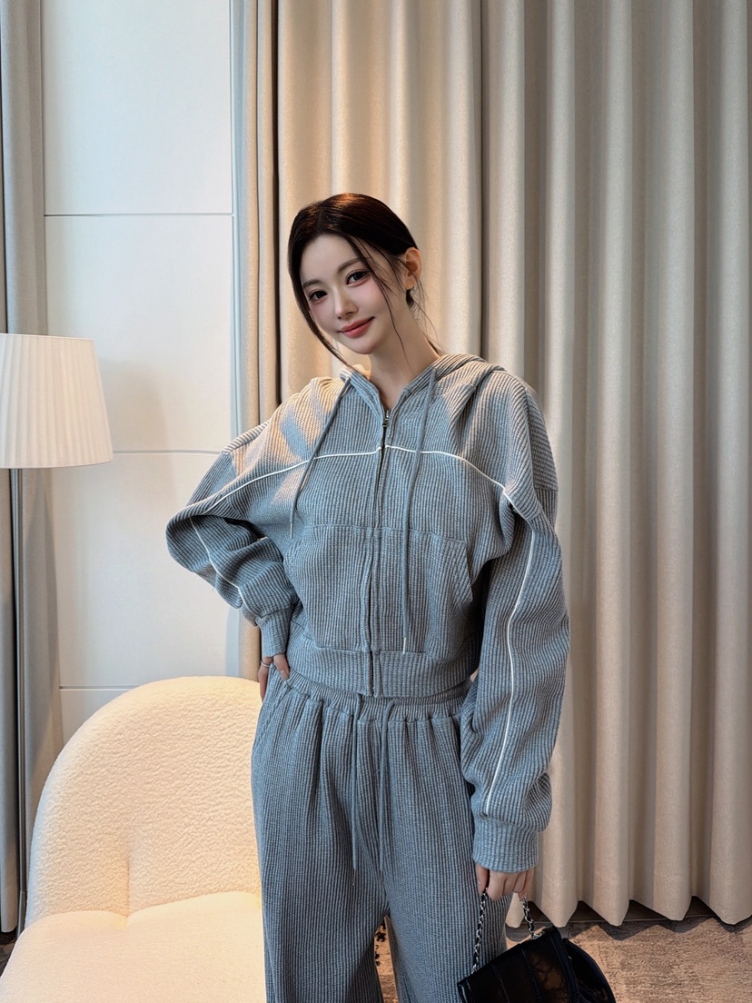 CLOTH東大門代購女士新款推薦時尚套裝拉鏈連帽衫華夫格格紋CLOTH套裝