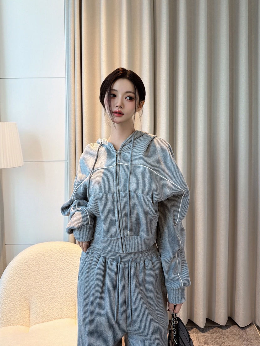 CLOTH東大門代購女士新款推薦時尚套裝拉鏈連帽衫華夫格格紋CLOTH套裝
