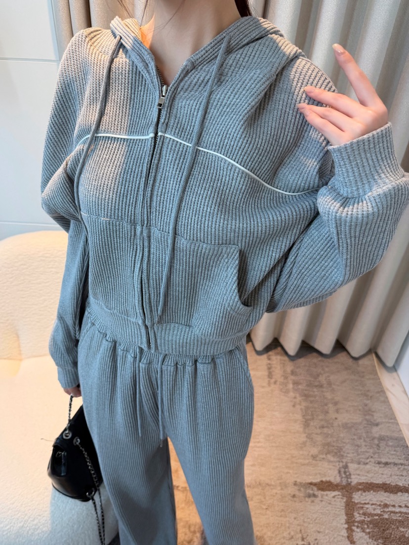 CLOTH東大門代購女士新款推薦時尚套裝拉鏈連帽衫華夫格格紋CLOTH套裝