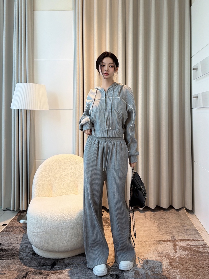 CLOTH東大門代購女士新款推薦時尚套裝拉鏈連帽衫華夫格格紋CLOTH套裝圖色2