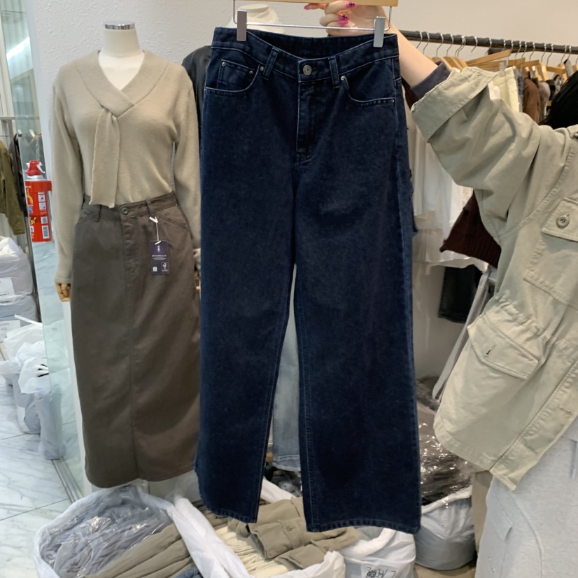 ALMOND PEPE韓國代購女士新品推薦熱賣休閑人氣牛仔褲絲絨ALMOND PEPE牛仔褲圖色2深藍色