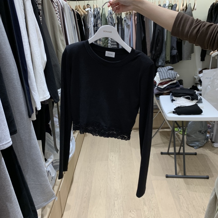 MONROE東大門實拍女士新品時尚推薦休閑人氣真品長袖T恤蕾絲MONROE長袖T恤圖色2黑
