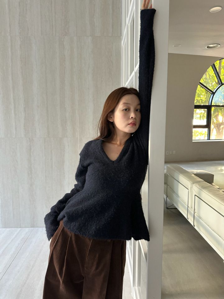 MARE韓國代購女裝新品熱賣人氣時尚針織衫不含內搭荷葉邊V領MARE針織衫圖色1