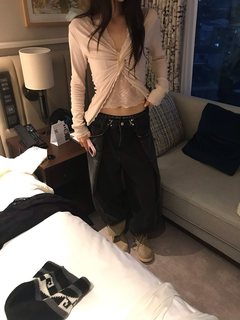 LOVE PULL韓國直郵女士新款熱賣推薦休閑人氣長袖T恤蕾絲LOVE PULL長袖T恤