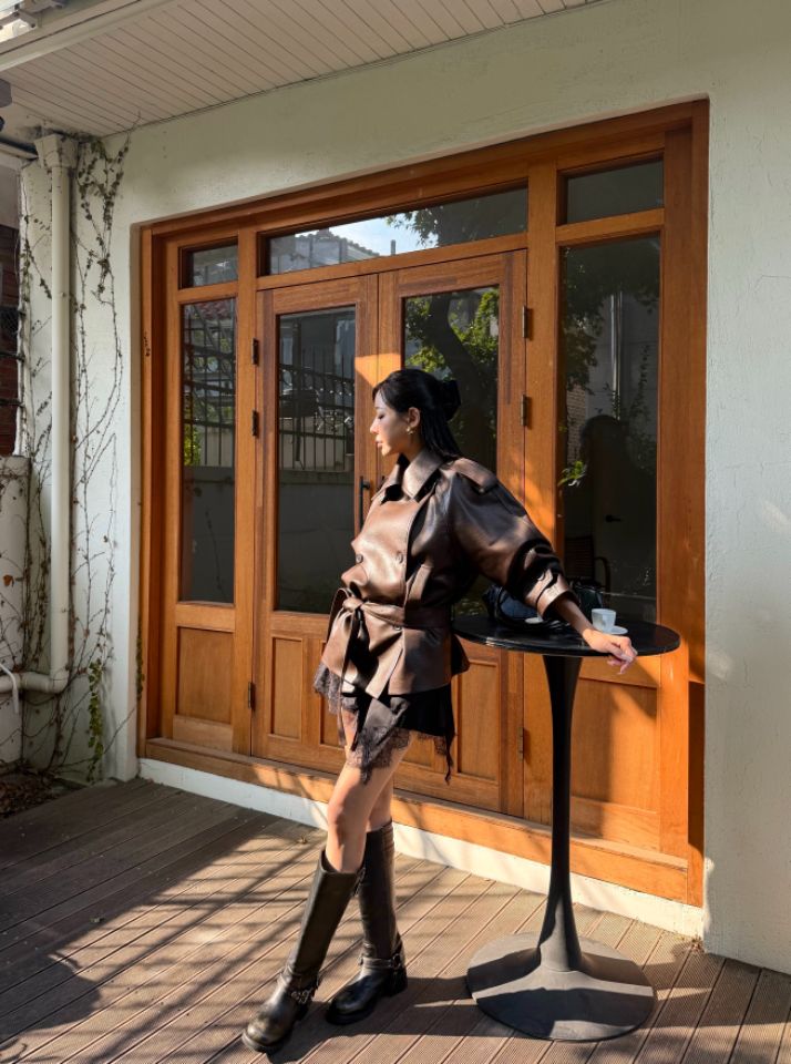 mars韓國代購女裝新款休閑人氣真品熱賣時尚推薦皮衣含腰帶mars皮衣