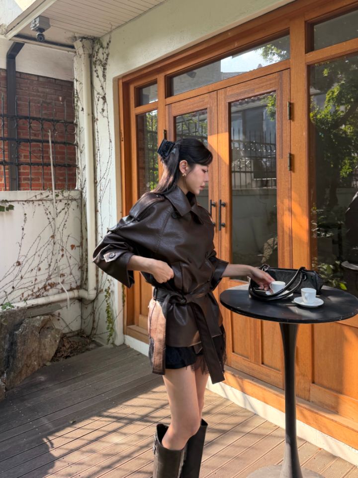 mars韓國代購女裝新款休閑人氣真品熱賣時尚推薦皮衣含腰帶mars皮衣