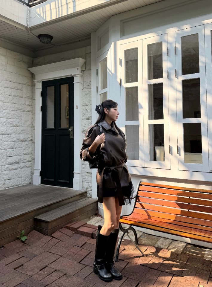 mars韓國代購女裝新款休閑人氣真品熱賣時尚推薦皮衣含腰帶mars皮衣