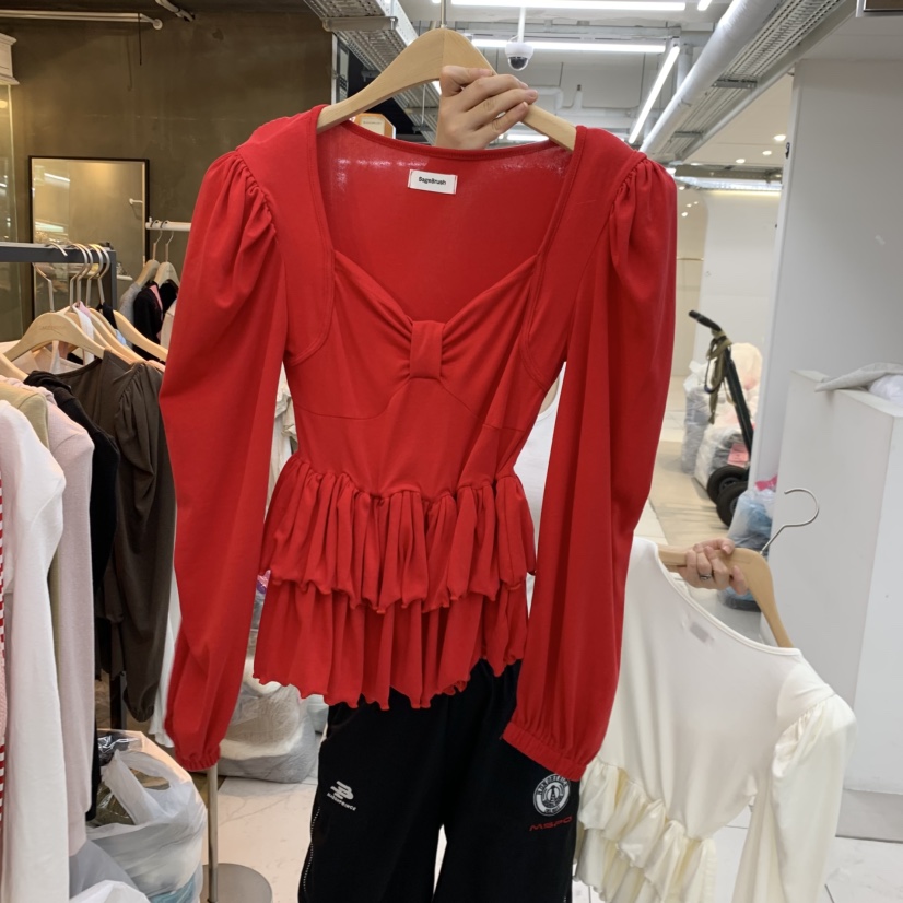 空東大門代購女裝新品人氣時尚休閑熱賣真品推薦長袖T恤緞帶Sagebrush長袖T恤圖色2